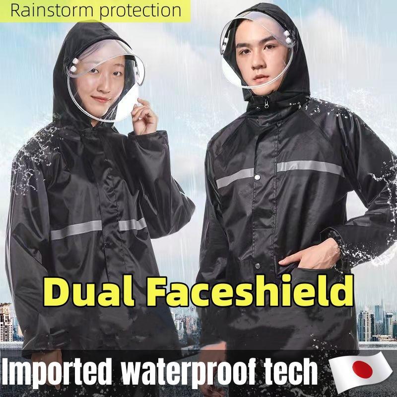 Product Introduction of raincoat for motorcycle rider waterproof for men heavy duty rainsuit with faceshield waterproof kapote over all makapal original rainwear jacket suit 2pcs sets jacket and pants thickened reflective strip lightweight rainstorm split poncho rain coat gear 1