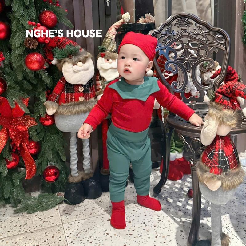 Bộ Quần Áo Noel Đỏ Xanh Kèm Mũ Chất Thun Hàn Cực Xinh Dành Cho Bé Trai Bé Gái NO3