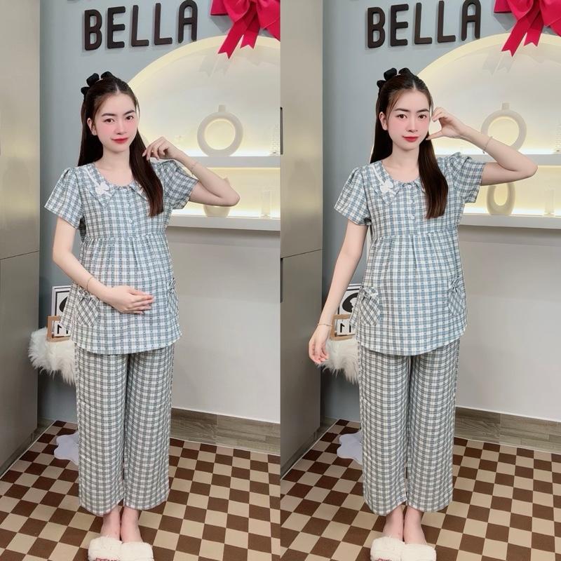 [ BỘ DÀI ] ( 40 - 95kg ) Đồ Bộ Bầu Quần Dài Caro Mặc Nhà Cổ Tròn 2 Túi Form Dễ Mặc, Siêu Mát, Áo Có Dây Cột Và Quần Chun Chỉnh Bụng