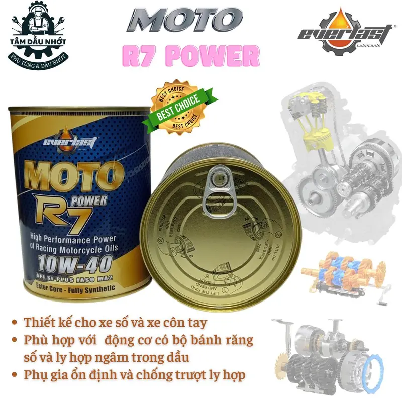 Combo 2 lon Dầu Nhớt xe số/côn tay - Everlast MOTO R7 POWER 10W40 SL 0.8L JASO MA2 - Kèm 1 chai nước làm mát động cơ 3