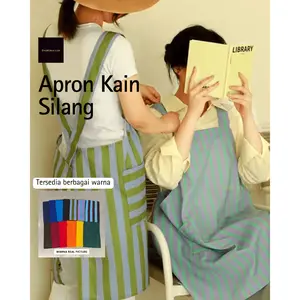 Celemek kain tali silang Apron barista silang Celemek kain saku Celemek garis waterproof