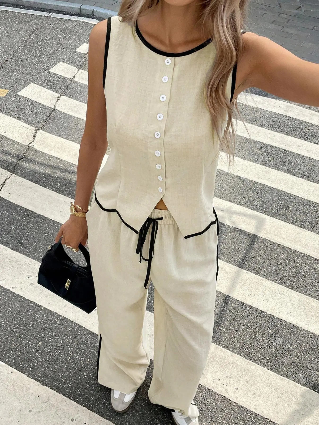 Two-piece Set Women's Contrast Binding Tank Top & Straight Leg Pants, Casual Fashion Cozy Top & Trousers for Daily Outdoor Wear, Ladies Clothes for All Seasons