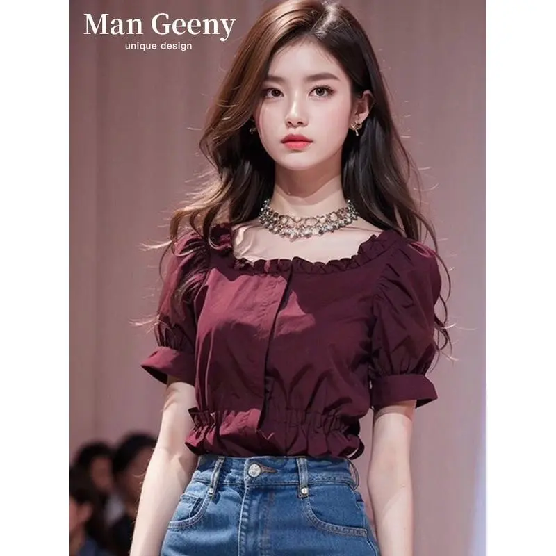 Áo Phông ngắn Tay Áo, Thời Trang, Cao Cấp, Quần Áo Mùa Hè, Quần Áo Nữ Mới, Thiết Kế Pháp, Áo Xếp Nhún Thị Trấn, Màu Đỏ Rượu Vang, Áo Voan, Thời Trang