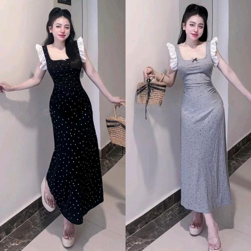 Đầm In Chấm Bi Sát Nách Ba Lỗ Cổ Vuông Đính Nơ - Tay Viền Bèo Cánh Tiên Trắng - Dài Midi Ôm Body - đầm ôm body váy dự tiệc váy xinh đầm nữ Women Dress Thun vaytet váy tiệc