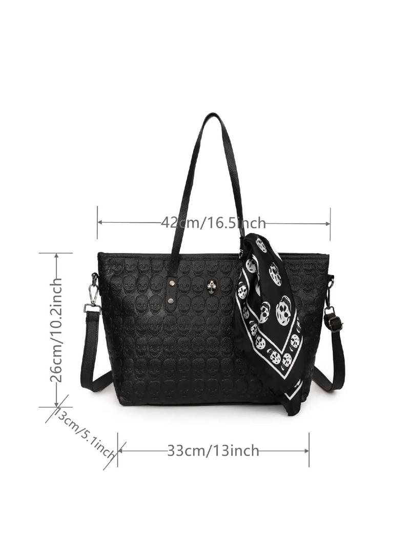Product Introduction of Fashionable Skull Pattern Tote Bag with Scarf, Casual Large Capacity PU Leather Shoulder Bag for Women, Casual Trendy Versatile High-quality Daily Commuting Bag, Girl Fashionable Shopping Bag 12