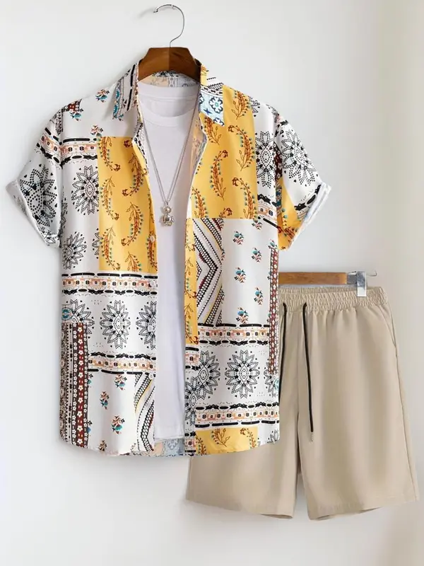Men's Patchwork Print Button Shirt & Drawstring Waist Shorts Co-ord Set, Boho Casual Comfort Regular Fit Ethnic Pattern Short Sleeve Collared Top & Track Shorts, Summer Clothes 0