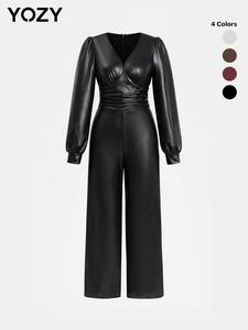YOZY Women's Pu Leather Ruched Bishop Sleeve Jumpsuit, Fashion Casual V Neck Long Sleeve Jumpsuit for Daily Outdoor Wear, Womens Clothes for Spring & Fall, Fall & Winter Clothes