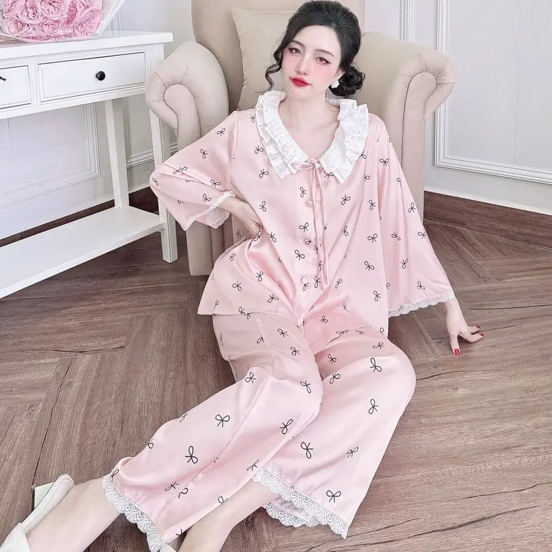 Bộ Tiểu Thư Nơ Phối Ren Quần Dài Lụa Latin (Freesize 40-70kg) Pijama Nữ Women 0