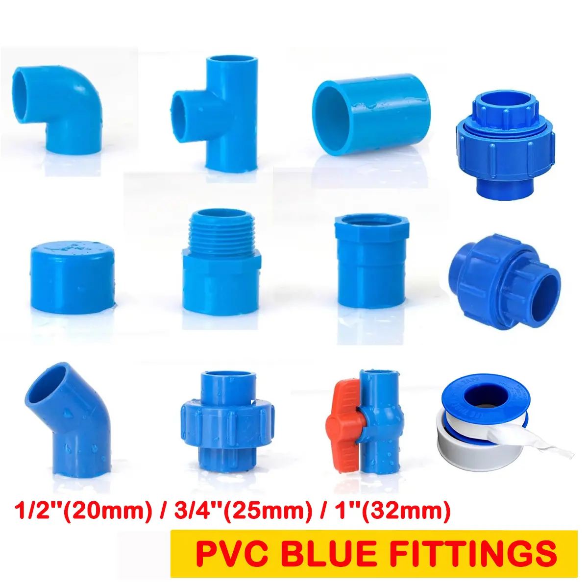 PVC Blue Fittings 1/2" 3/4" 1" PVC Elbow Tee Coupling End Cap Plug Union Patente Ball Valve Teflon Tape  Elbow Threaded Tee Threaded Female Male Adapter