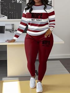 Conjunto de dos piezas Camiseta con estampado de rayas y letras y pantalones de cintura elástica para mujer, Top y pantalón de manga larga con cuello redondo informal Conjunto de 2 piezas para primavera y otoño, Ropa de mujer para uso diario