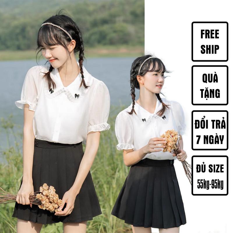 Áo sơ mi nữ trắng nơ cổ bigsize 60kg - 95kg chất cotton lụa tay phồng dễ thương mặc đi học đi làm đi chơi