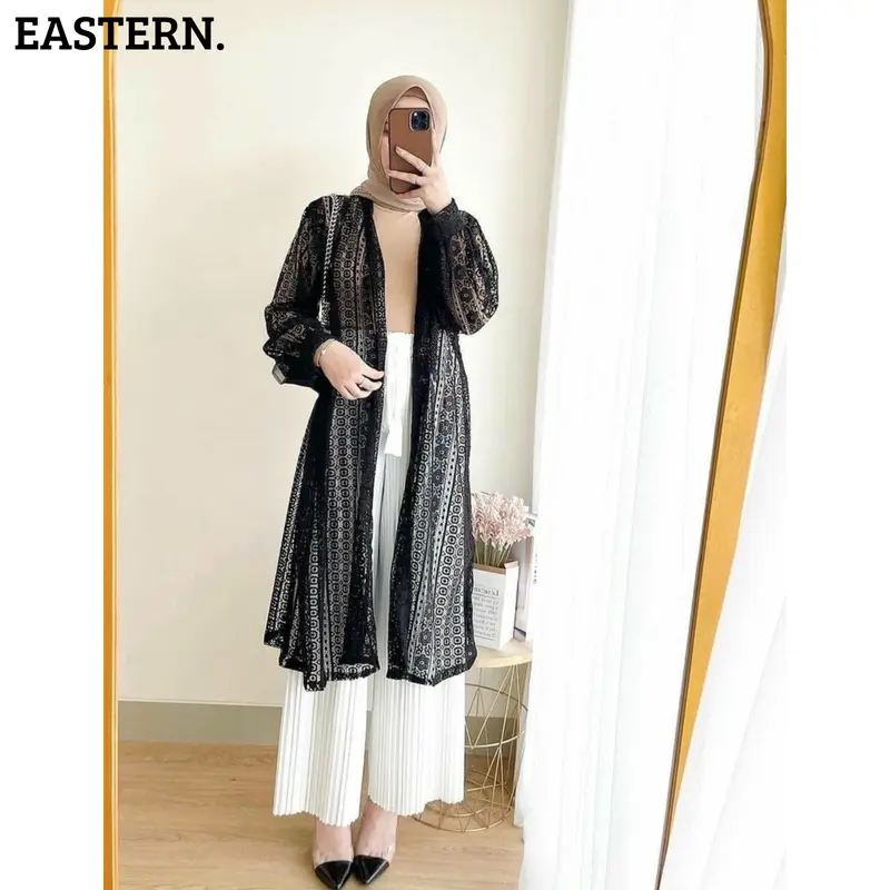 Bundling 4in1 - Oneset Kondangan Setelan Wanita Brokat Atasan Long Cardigan Bawahan Celana Kulot Plisket Lidi Kekininan Panjang Muslim Baju Dewasa Hitam 0