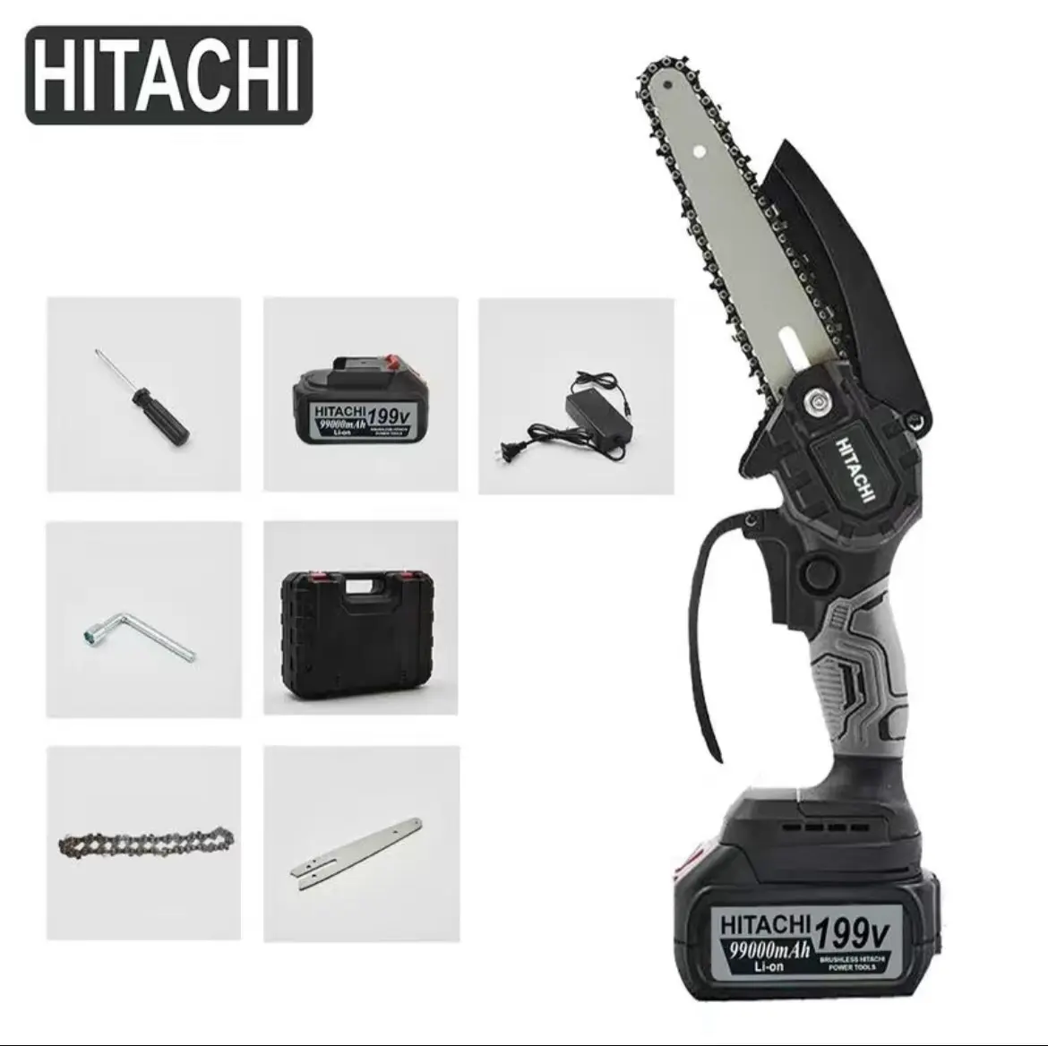 Máy cưa xích cầm tay Pin HITACHI chân pin phổ thông . Động cơ không chổi than . Lam xich 15 cm ( 6inch)