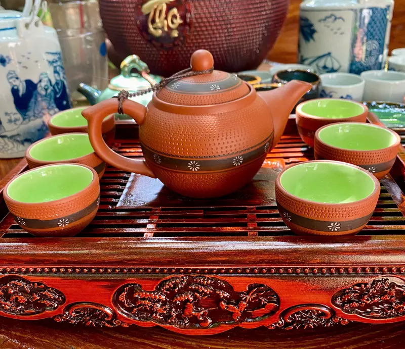 Bộ ấm chén uống trà Ganh đỏ, Ấm có màng lọc trà, Hàng Bát Tràng bền đẹp 350ml, tặng kèm khay đựng 0