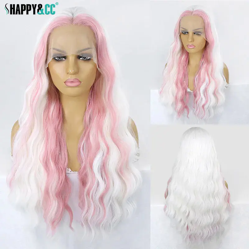White Pink Synthetic Lace Front Wigs Water Wave Colored Cosplay Wig for Women Highlight Curly Heat Resistant Lace Frontal Wig