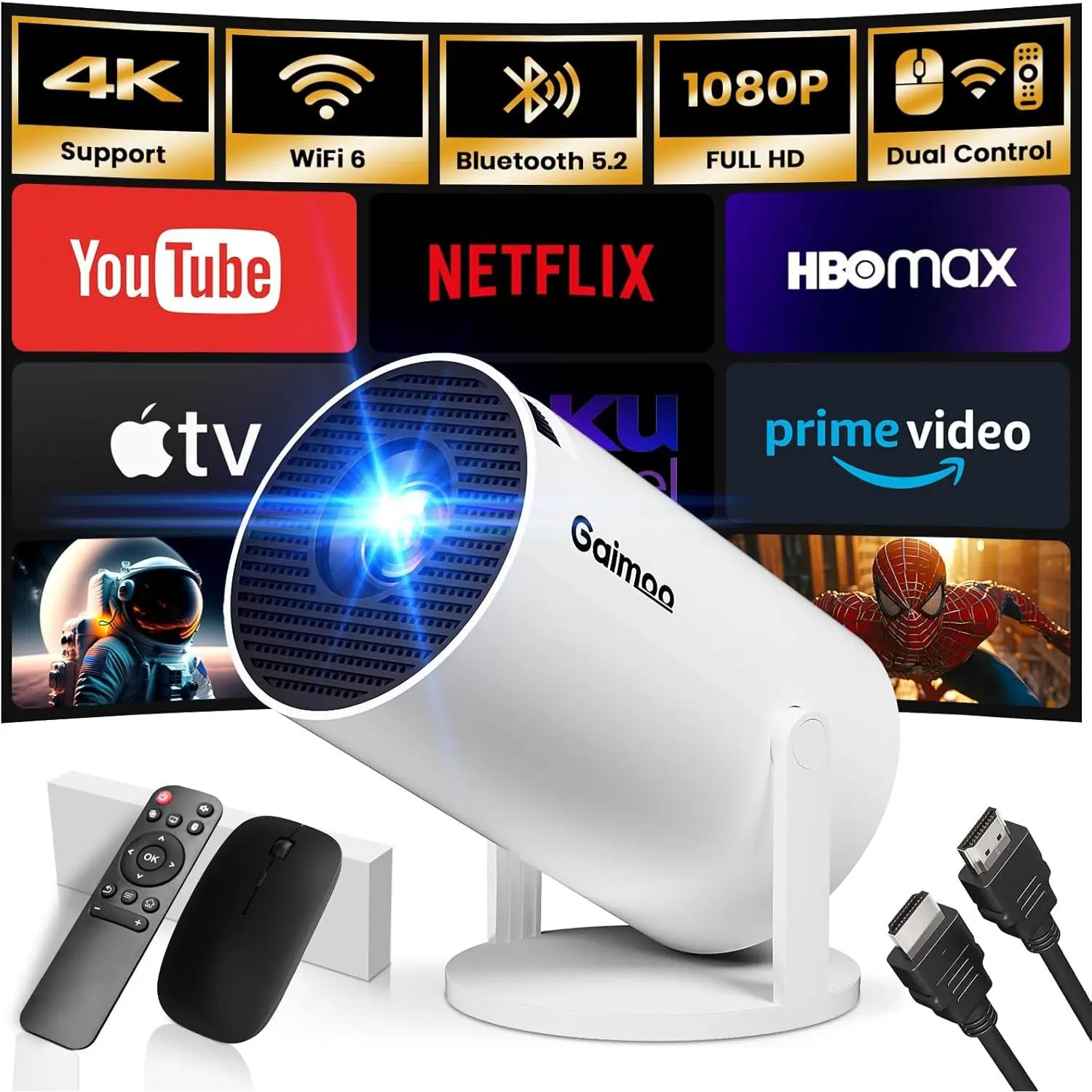 [Ứng dụng tích hợp] Máy chiếu mini 1080P FHD 4K hỗ trợ máy chiếu có chuột Máy chiếu di động với WiFi và Bluetooth 180 ° Keystone tự động có thể điều chỉnh HDMI / TV Stick / USB / PS5 / Máy tính xách tay, với Cáp & Chuột HDMI Projector