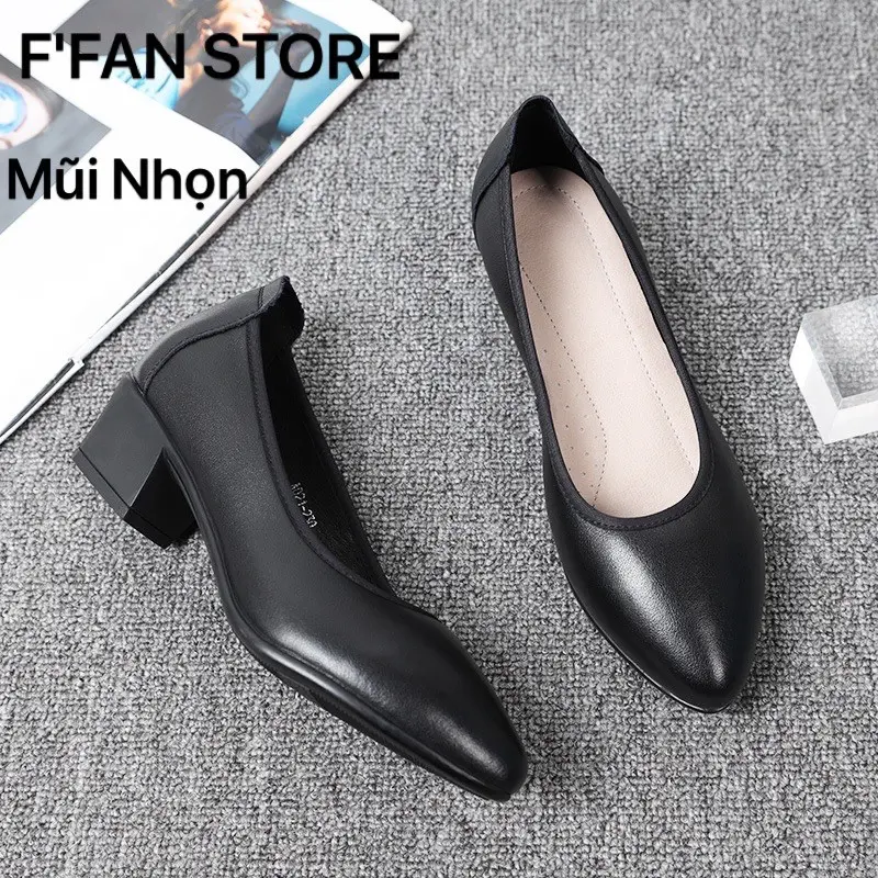 Giày tiếp viên hàng không nữ [da thật] mũi nhọn, da mềm mại công sở cao gót đế vuông bít mũi big size FFAN STORE Cao Su Shoes 1