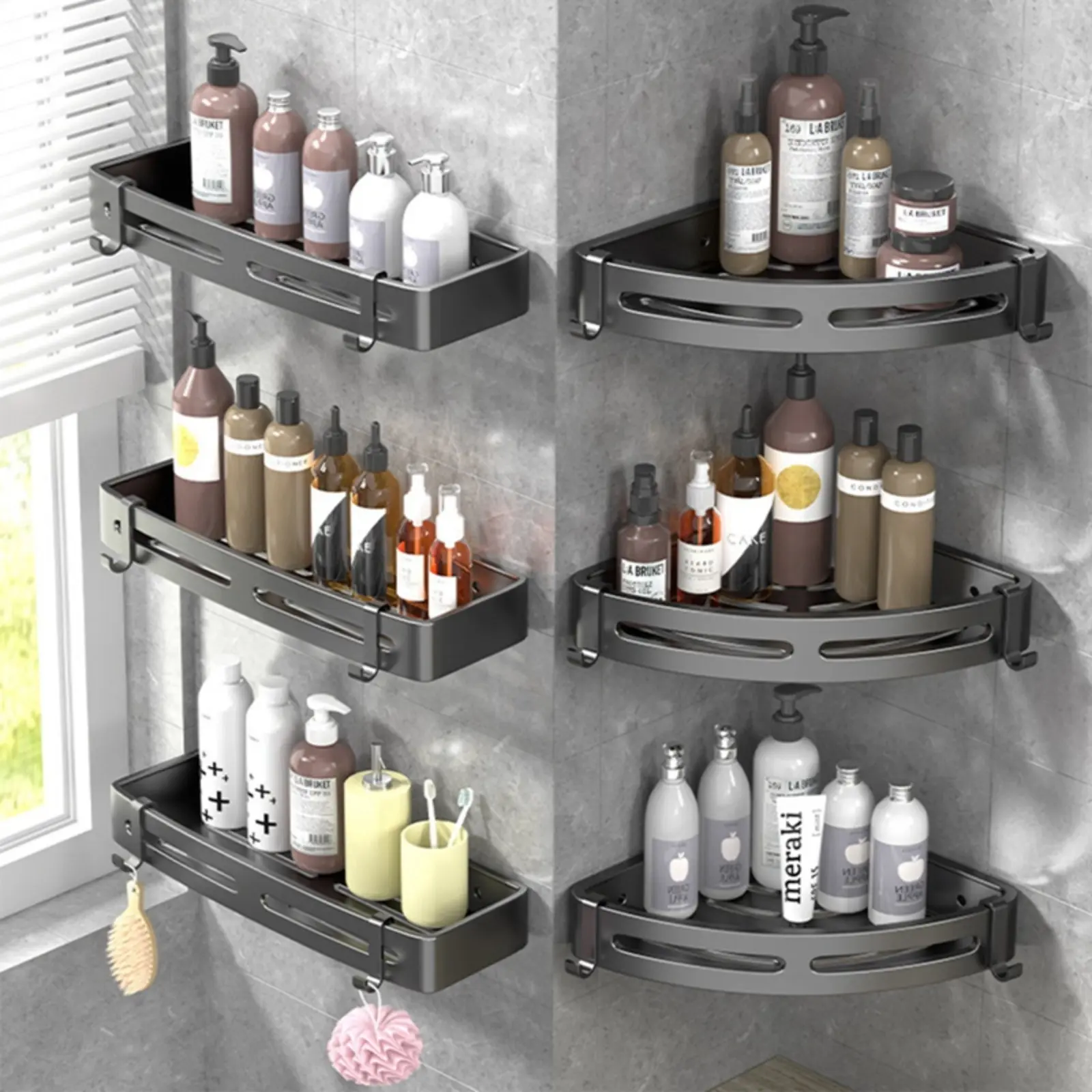 Punch-free Bathroom Shelf Space Aluminum Corner Shelves Suction Cup Triangle Basket Shower Rack For Bathroom Accessories Set