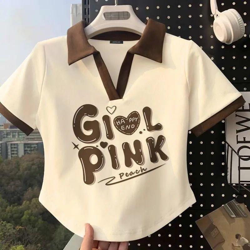 Product Introduction of American Retro Short-sleeved T-shirt for Women in Summer Contrasting Color Polo Shirt Design Niche Chic Short Top Ins Trendy Women 1