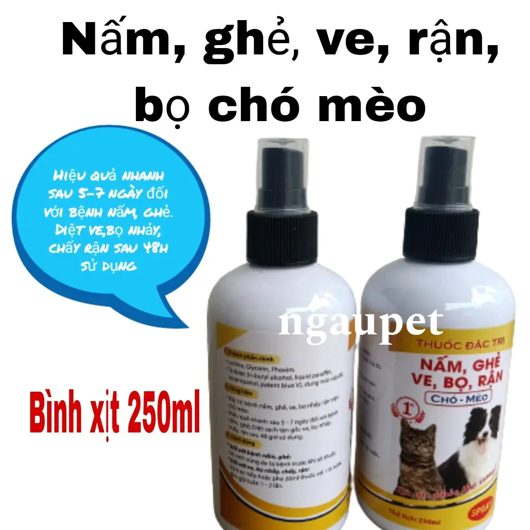 Thuốc đặc trị nấm, ghẻ, ve, bọ rận chó mèo ký sinh trên lông da chó cưng chai 250ml Ngaupet xịt  rận  cho  chó