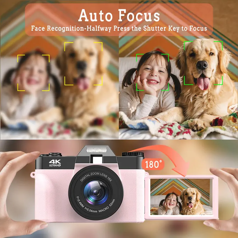 48MP 4K Vlogging Camera, 1 Count Auto Focus Digital Camera with 180° Flip Screen with 64GB SD Card & Battery, 3 Inch Screen Compact Camera with 16X Digital Zoom, Suitable for Photography and Video 5
