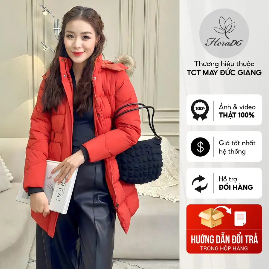 Áo khoác phao nữ trần ngang 3 lớp công nghệ Naco cao cấp HeraDG, dáng lỡ kèm dây đai bấm, mũ và lông tháo rời WJKBC3003