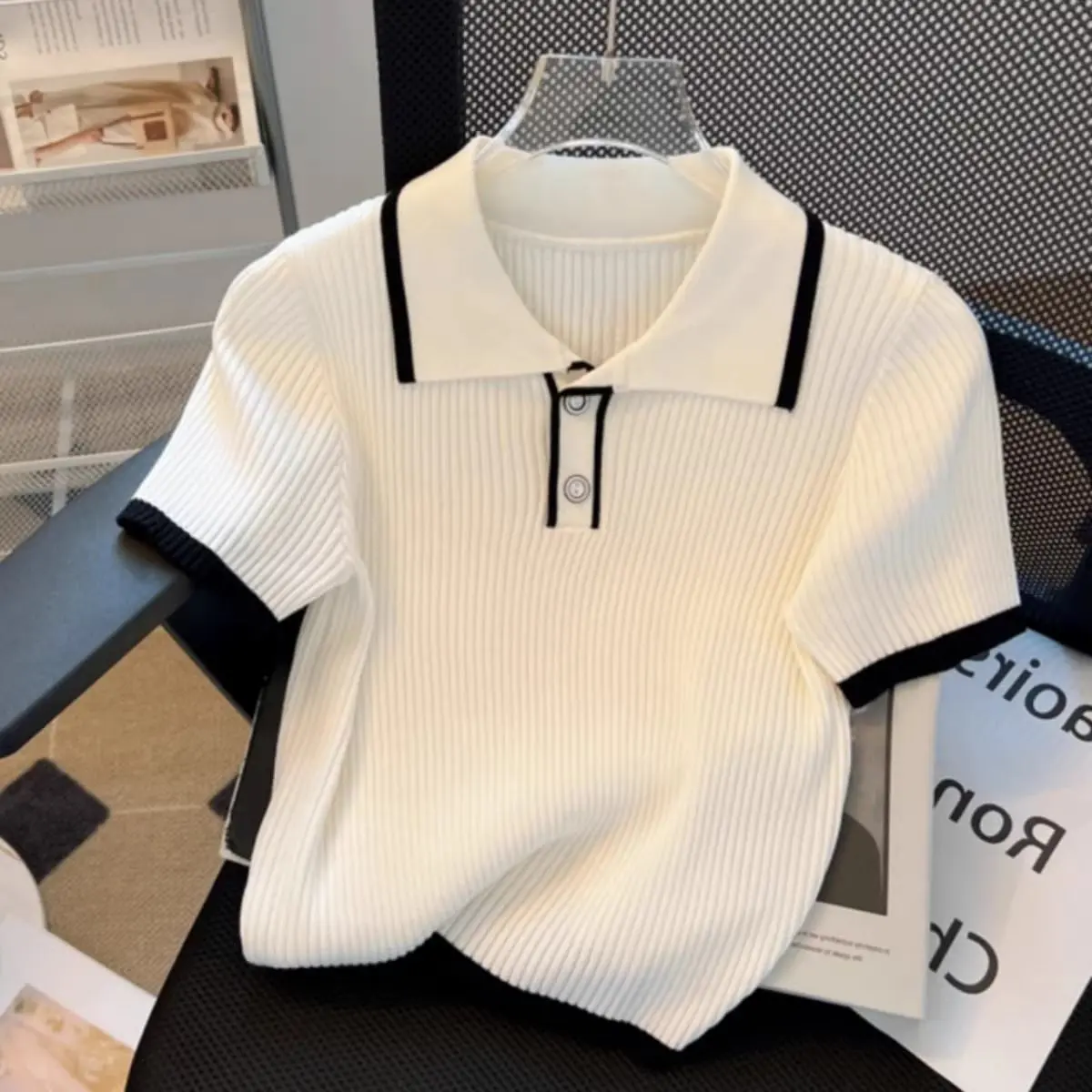 Áo Polo, Phong Cách Phương Tây, Trông Trẻ Trung, Áo Thun ngắn Tay Dệt Kim Lụa Lạnh Dành Cho Nữ, Thời Trang Mới Mùa Hè 2024 Top Women