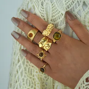 Cincin Terbuka Batu Mata Amber Emas untuk Wanita, Cincin Jari Telunjuk Retro Unik, Set Cincin Ringan