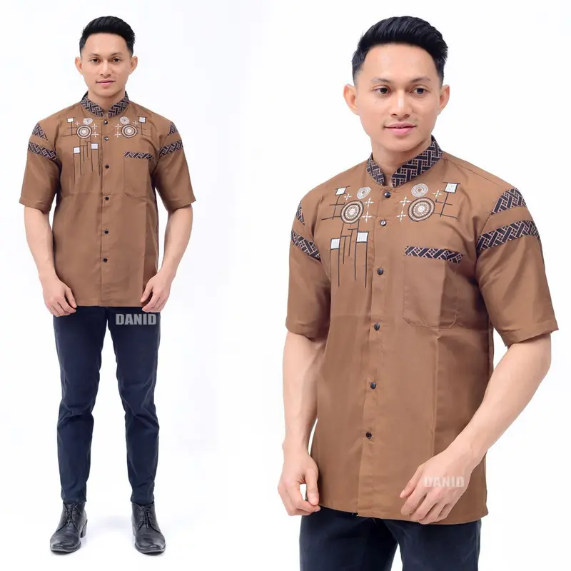 Kemeja koko lengan pendek pria dewasa motif kombinasi bordir bahan katun 1