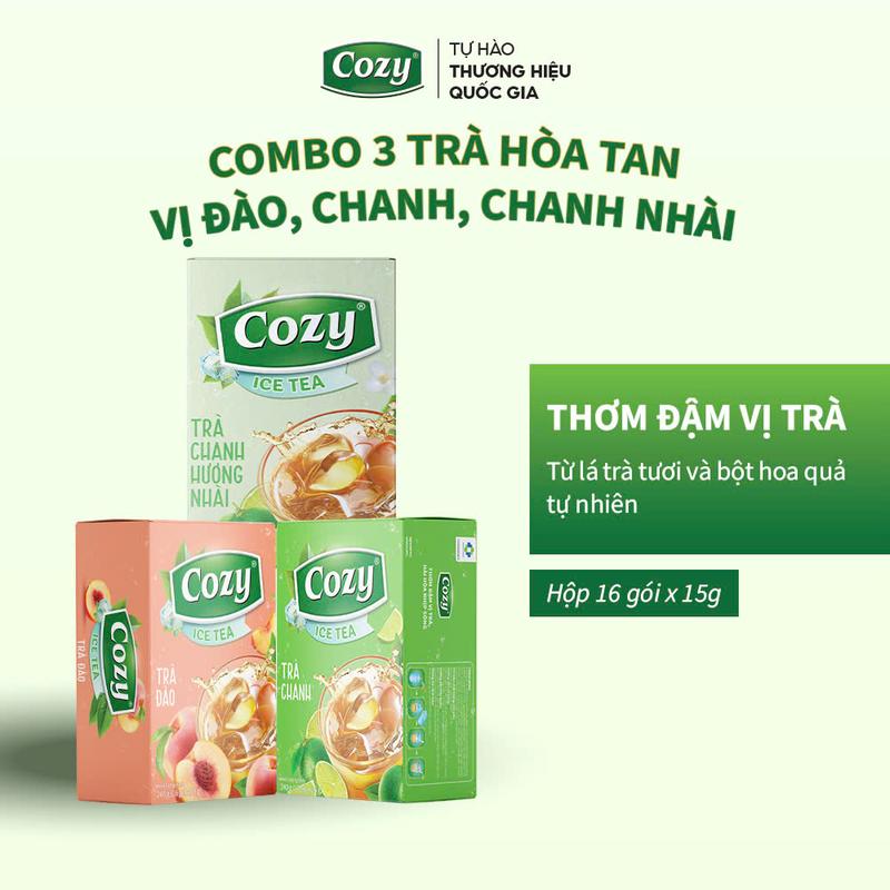 Combo 3 Trà Hoa Quả Hòa Tan Icetea Cozy Gồm Chanh, Đào, Chanh Nhài Đậm Đà Vị Trà, Thơm Ngon Vị Hoa Quả Nước Trà Thơm, Chè Sạch Tươi Nguyên Chất (Hộp 16 Gói)