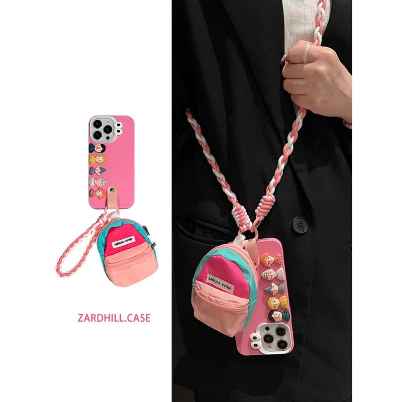 Ốp Điện Thoại Apple 14, Thiết Kế Hoạt Hình Màu Đỏ Hồng, Dây Đeo Chéo, Thích Hợp Cho iPhone 15Promax, Nữ 11, Độc Đáo 13Pro, Chống Rơi, Bao Gồm Một Dây Đeo Ngắn Và Một Túi Nhỏ, Mẫu Mới Năm 2024