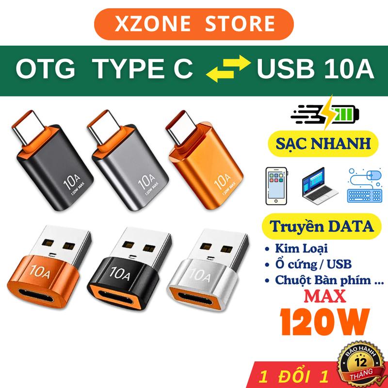Đầu Chuyển Đổi USB ra Type C 10A 120W OTG Type C ghim bộ sạc, sạc dự phòng, laptop, truyền dữ liệu, sạc nhanh 10A
