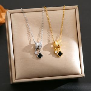 สร้อยคอจี้โคลเวอร์ดำไททาเนียมสตีล ฝังไมโครCZ ดีไซน์เรียบหรูโซ่กระดูกไหปลาร้า คุณภาพพรีเมียมราคาคุ้มค่า