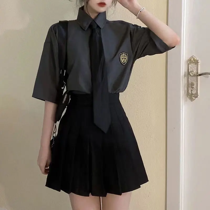 2025 Summer Suit Girls' JK Uniform Long And Short-Sleeved Two-Piece Suit Loose Preppy Style Business Attire Shirt Pleated Skirt two piece set