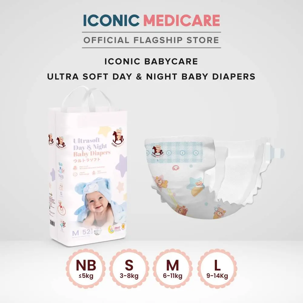 Iconic Babycare Ultrasoft Day & Night Baby Diaper Tape NB30/S56/L52/XL48 (1 pack) Diapers Bayi