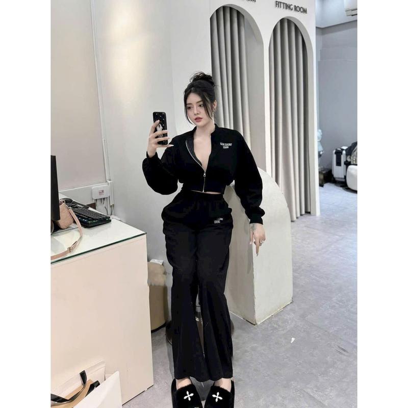 Set DONGXU S91 áo khoác croptop dài tay và quần dài xuông chất liệu nỉ lông thỏ
