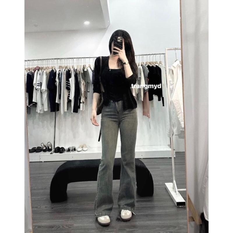 [Bigsize 60kg-98kg] Quần Jean Nữ Ống Loe Xanh Xám Trơn Dài 105cm Co Giãn  Pants  Women