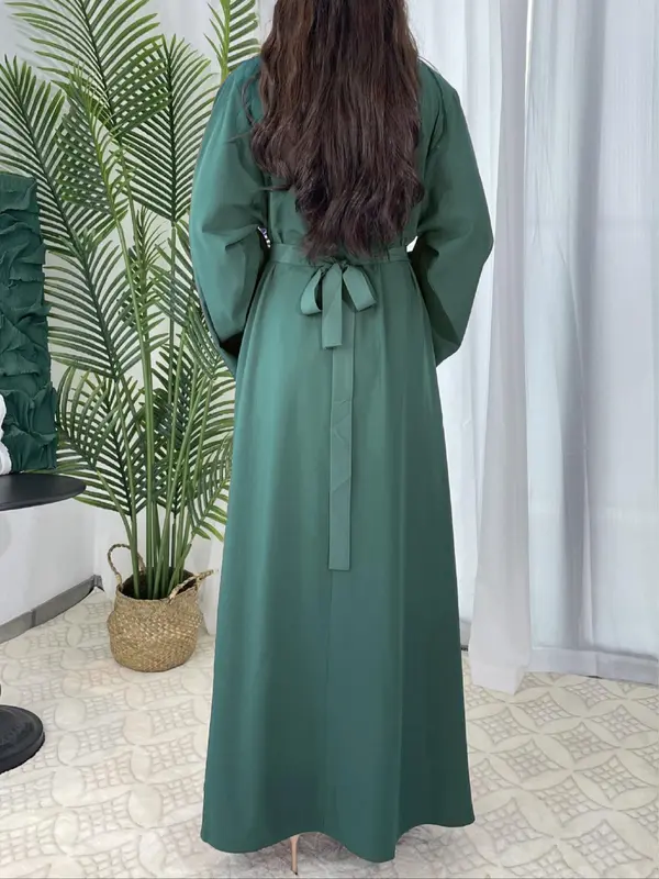 Arabic Clothing-Solid Long Sleeve Belted Tie Back Arabian Dress, Elegant Casual Long Dress for Daily Wear, Women's Islamic Clothing for All Seasons 1