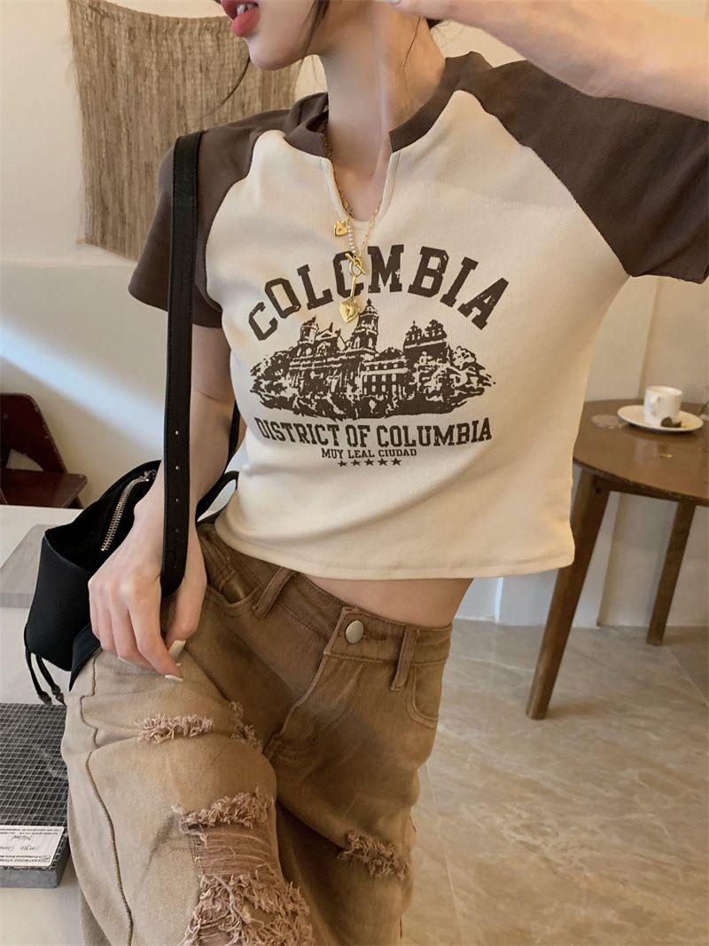 Product Introduction of Trendy V-Neck Short Sleeve T-Shirt for Women Spring Summer 25 Styles Sweet and Spicy American Retro Design Short Student Top Fashion 11
