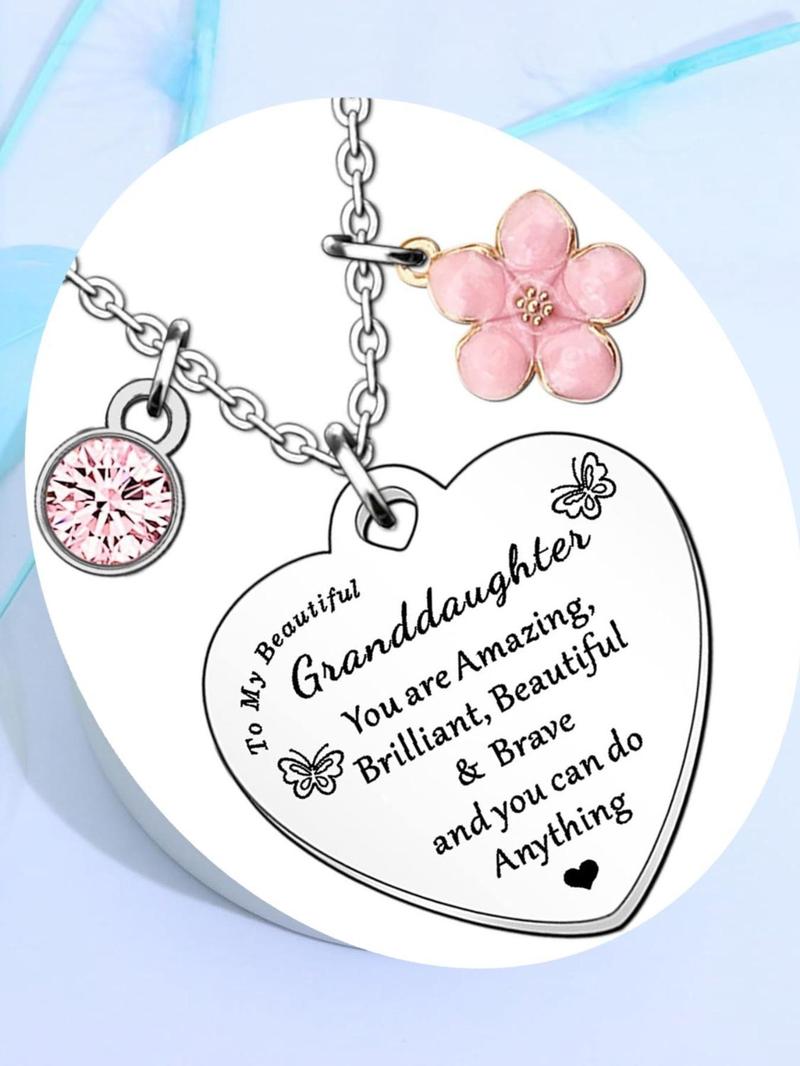 Product Introduction of Cute Heart Shaped Pendant Necklace with Rhinestones & Pink Flower Charm Decor, Fashion Jewelry Accessories for Granddaughter As Gift 4