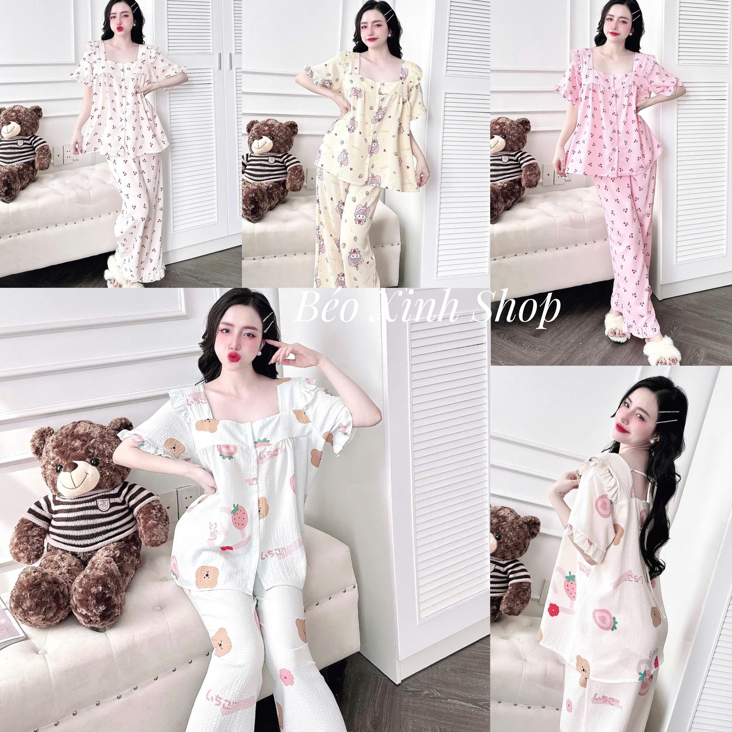 Đồ Bộ Pijama Bigsize Vải Đũi Xốp Cotton Tay Ngắn Quần Dài 50-100kg Quần Ngủ Women Áo Ngủ Nhung - A.5417