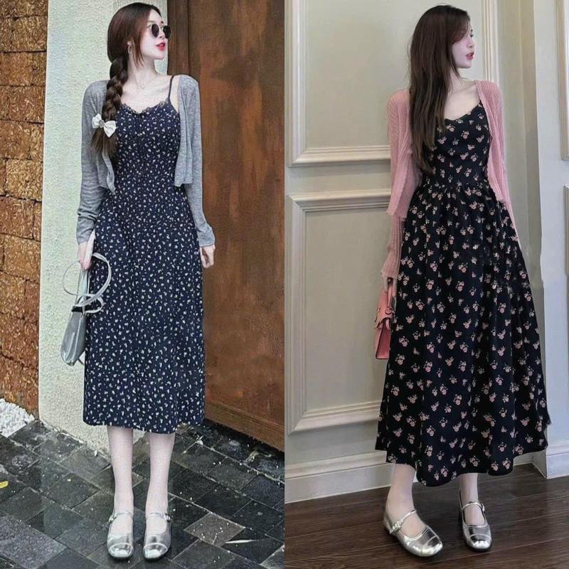 Set Đầm Váy Hoa Nhí Nữ 2 dây Kèm Áo Khoác Croptop Tay Dài - Women's clothing - Kem