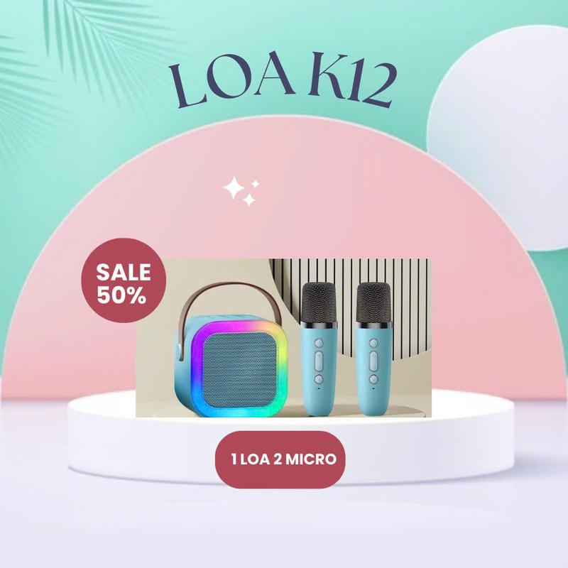 Loa Bluetooth Karaoke Mini K12 Công Suất 10W - Có 2 Micro Không Dây - Hát Karaok Cực Hay Củ Loa Kem Nghe Nhạc - Chống Thấm Nước IPX3