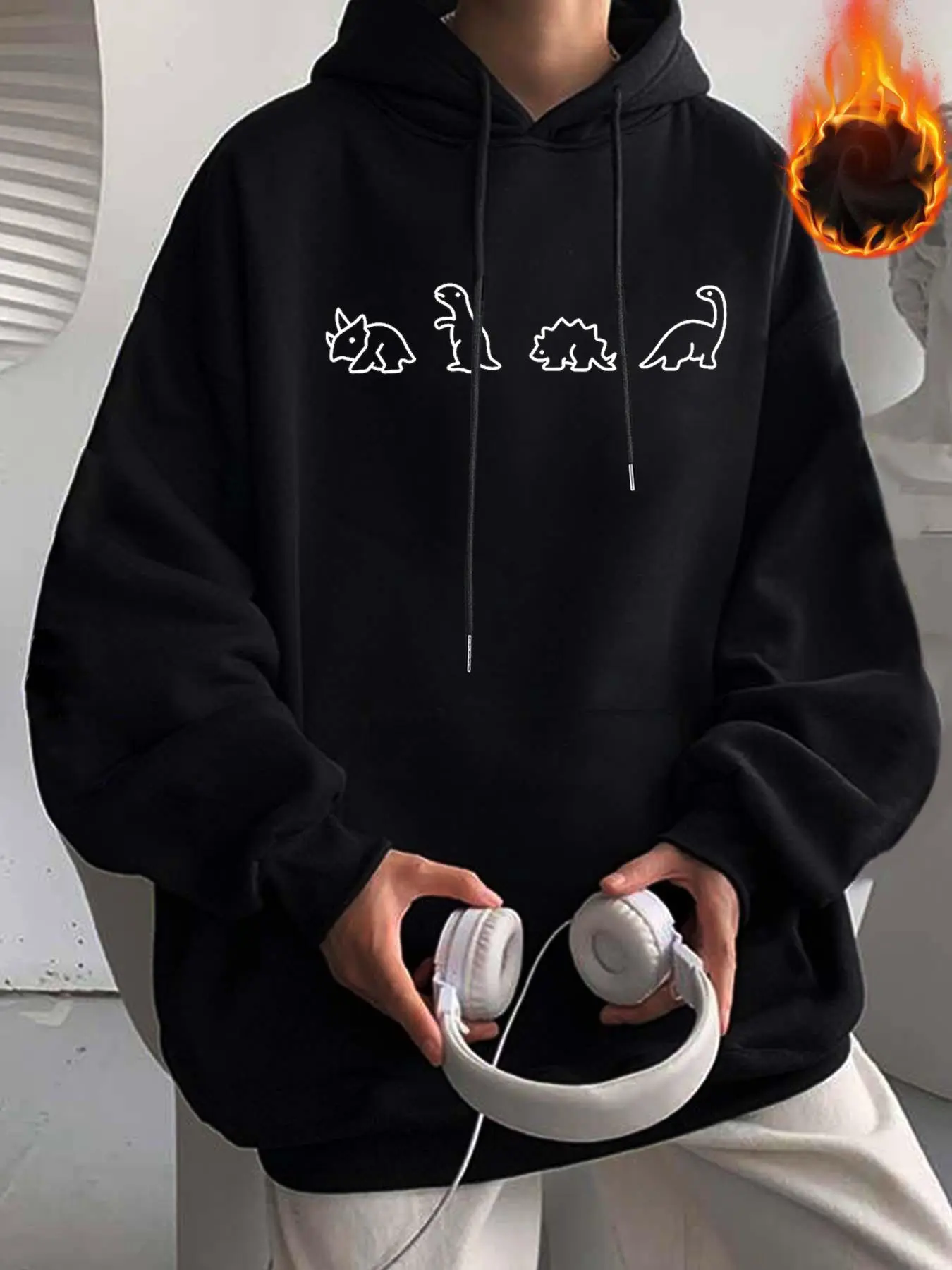 Unisex Men's Cartoon Dinosaur Print Drawstring Baggy Hoodie, Casual Pocket Sweatshirt for Daily Outdoor Wear, Men Fall & Winter Clothes Pullover Tops, Cold Weather Gear