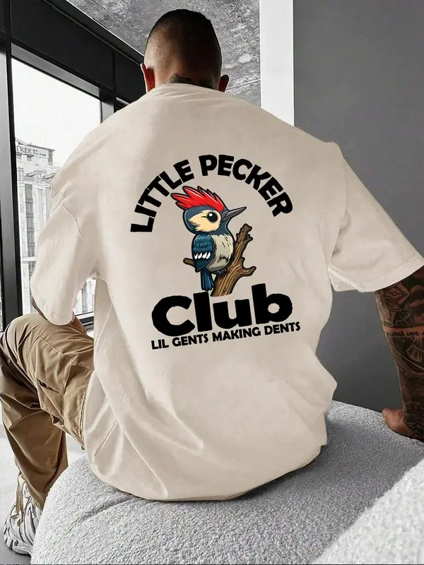 Unisex's Bird & Letter Print Drop Shoulder Tee, Regular Fit Casual Street Soft Comfy Crewneck Half Sleeve T-shirt for Daily Wear, Graphic Tees, Unisex's Top for Summer, Workwear for Men, Go Out Tops, Summer Clothes, Streetwear, Tshirt 0