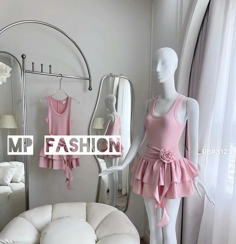 Váy hồng tầng xoè có nơ Trang trí ở eo- chất liệu lên tăm 2