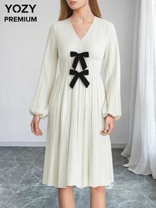 YOZY Women's Bow Decor V Neck Dress, Casual Fashion Long Sleeve Dress for Daily Outdoor Wear, Women Dress for Spring Fall