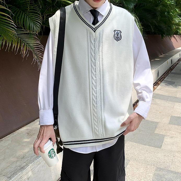 Áo gile len nam nữ bigsize ulzzang hàn quốc Áo gile len nam nữ unisex form rộng Basic len nam nữ đẹp oversize thêu huy hiệu học sinh đi học công sở cổ V kẻ sọc Menswear Thun 7