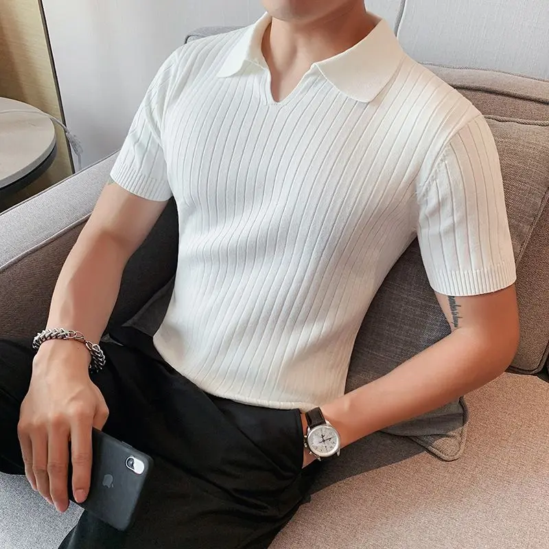 Summer Ice Silk Men's Short Sleeve T-Shirt Thin Polo Shirt Fashion V-Neck Striped Knitted Mature Base Shirt Men nam