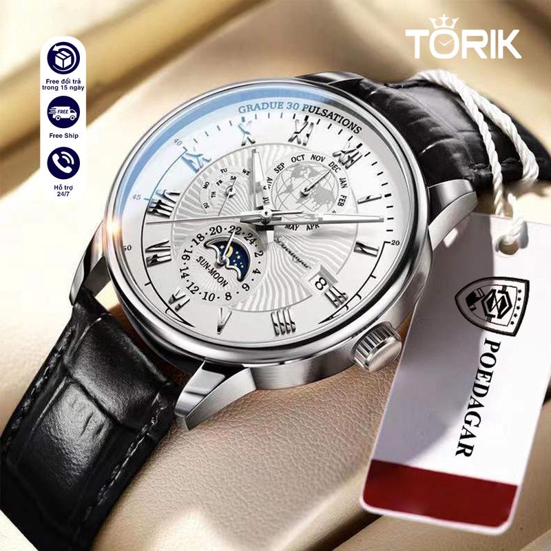 Đồng Hồ Pin Nam Dây Da Cao Cấp POEDAGAR 908 Tay Nam Máy Nhật Sang trọng Watch Đeo Tay